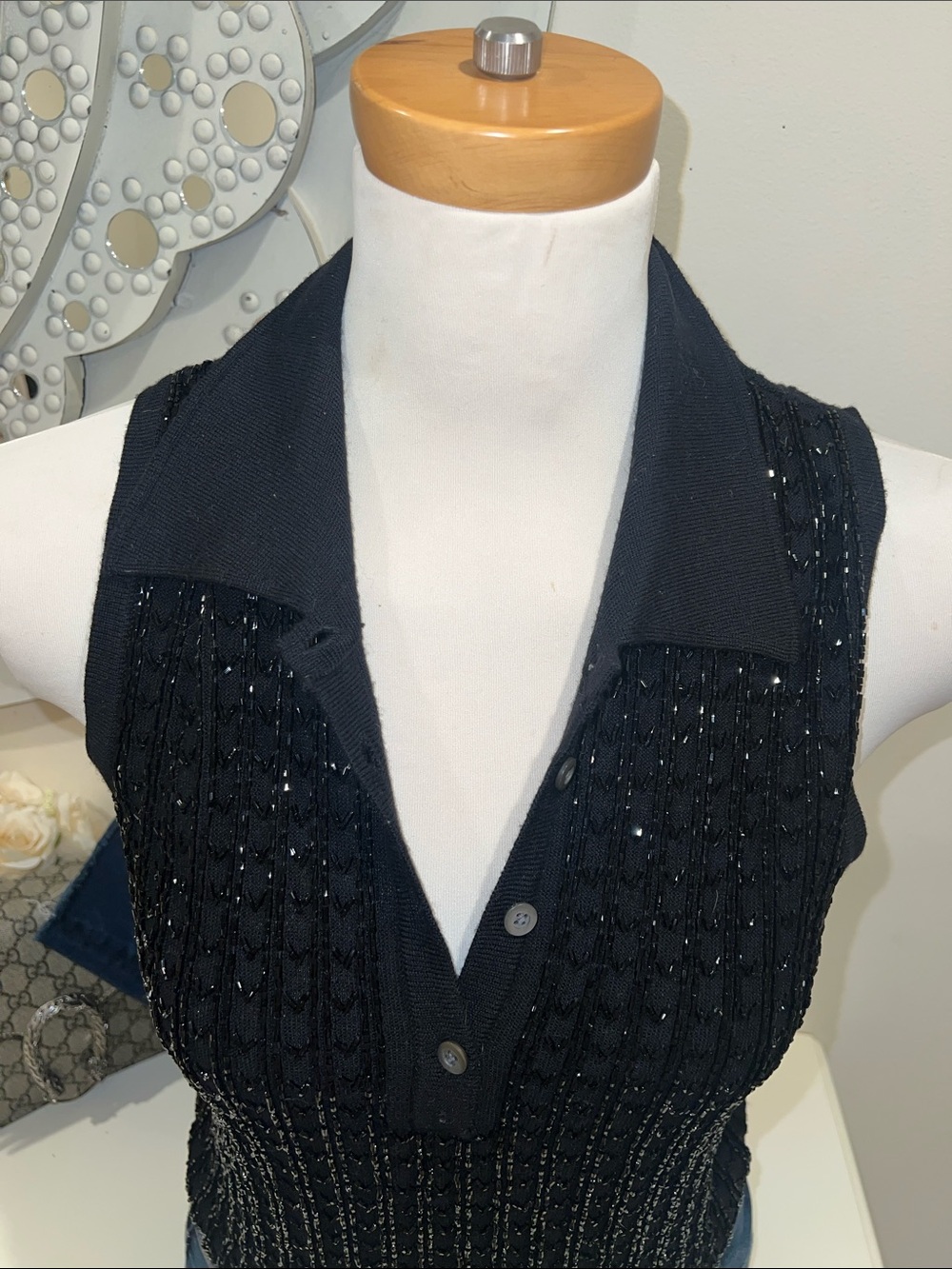 Banana Republic Black Beaded Knit Sleeveless Polo Top - Picture 2 of 7